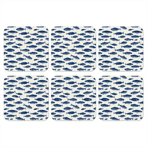 Vissen - Patroon - Blauw - Wit onderzetter kurk middel 366 -3d