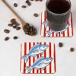 Vissen - Verticale strepen - Blauw - Rood onderzetter kurk middel -sfeer2