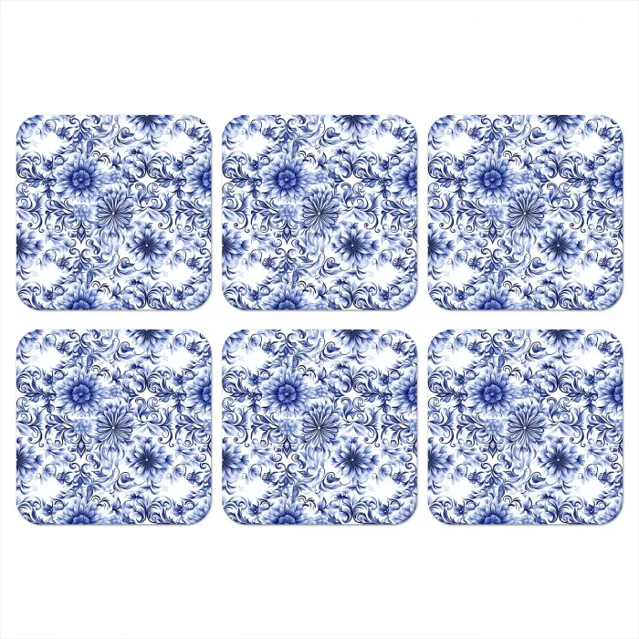 Bloemen - Blauw - Patroon - Wit onderzetter kurk middel 366 -3d
