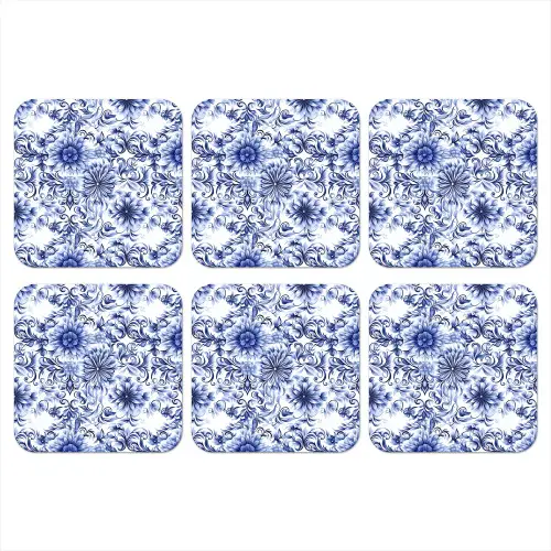 Bloemen - Blauw - Patroon - Wit onderzetter kurk middel 366 -3d