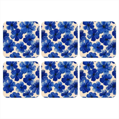 Bloemen - Blauw -Patroon - Wit onderzetter kurk middel -3d