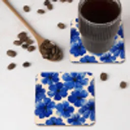 Bloemen - Blauw -Patroon - Wit onderzetter kurk middel -sfeer2