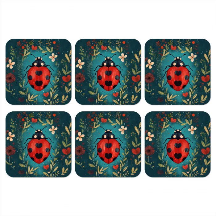 Bloemen - Lieveheersbeestje - Hartje - Rood onderzetter kurk middel -3d