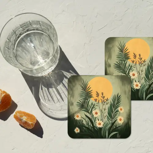 Bloemen - Bladeren - Zon - Groen onderzetter kurk middel -sfeer4