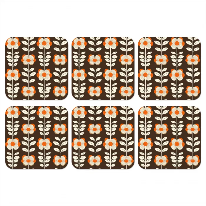 Bloemen - Retro - Bruin onderzetter kurk middel 366 -3d