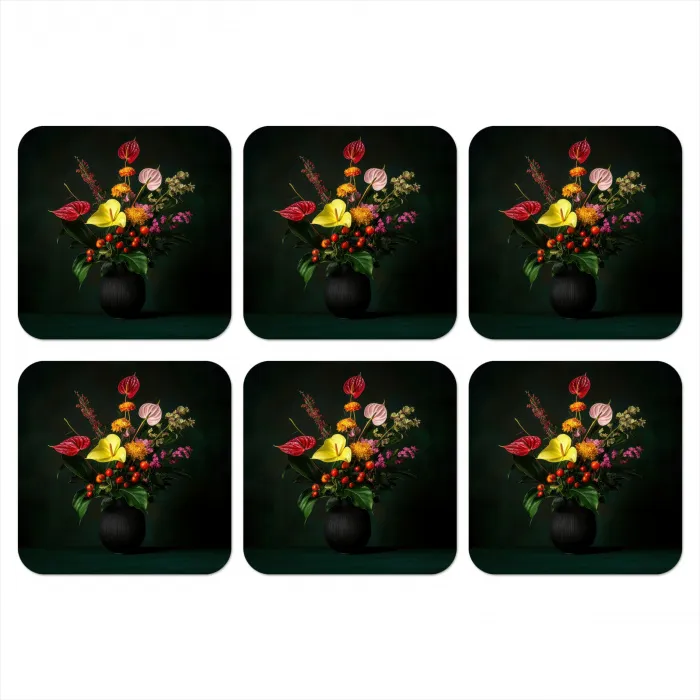 Bloemen - Vaas - Zwart onderzetter kurk middel -3d