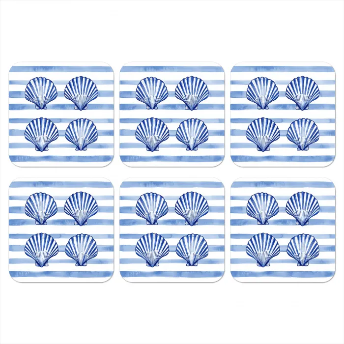 Vier schelpen - Blauw - Wit - Strepen onderzetter kurk middel -3d