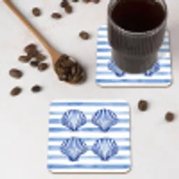 Vier schelpen - Blauw - Wit - Strepen onderzetter kurk middel -sfeer2