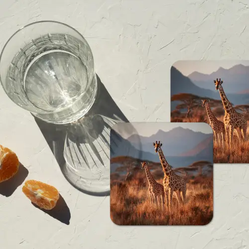 Giraffen - Hoog gras - Acaciabomen onderzetter kurk middel -sfeer4
