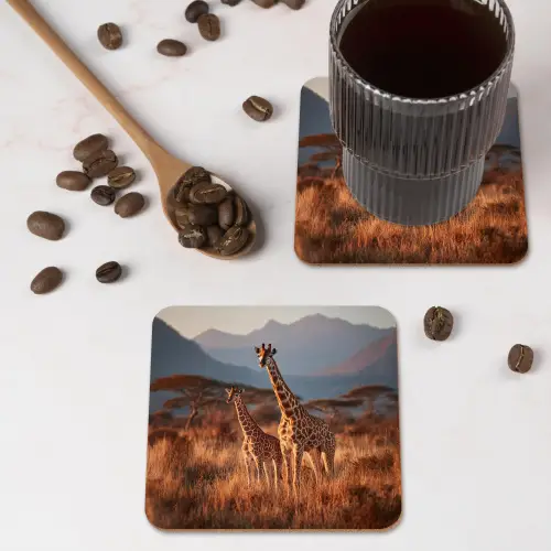 Giraffen - Hoog gras - Acaciabomen onderzetter kurk middel -sfeer2