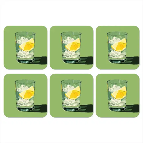 Glas - Citroen - Ijsblokjes - Groen onderzetter kurk middel -3d