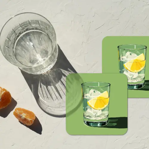 Glas - Citroen - Ijsblokjes - Groen onderzetter kurk middel -sfeer4