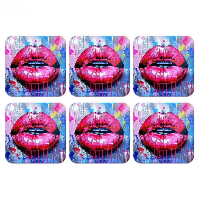 Graffiti - Lippen - Felroze - Geschilderd onderzetter kurk middel -3d