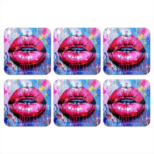 Graffiti - Lippen - Felroze - Geschilderd onderzetter kurk middel -3d