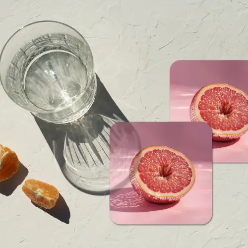 Grapefruit - Roze - Disco - Shiny onderzetter kurk middel -sfeer4