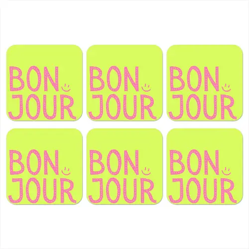 Groen - Smiley - Bonjour - Roze onderzetter kurk middel -3d