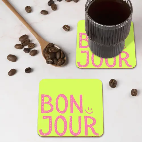 Groen - Smiley - Bonjour - Roze onderzetter kurk middel -sfeer2