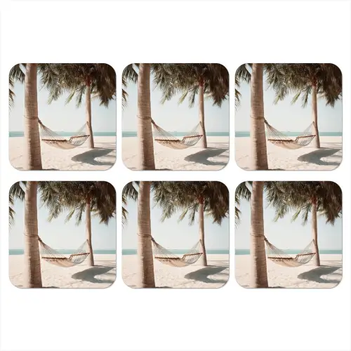 Hangmat - Palmbomen - Strand - Zee onderzetter kurk middel -3d