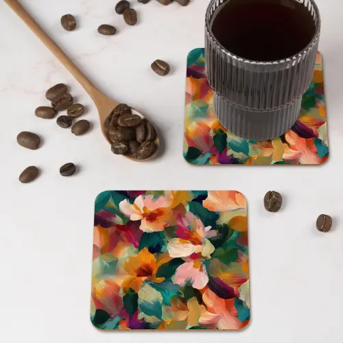Harmonieus - Abstracte bloemen - Warme tinten onderzetter kurk middel -sfeer2