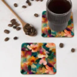 Harmonieus - Abstracte bloemen - Warme tinten onderzetter kurk middel -sfeer2