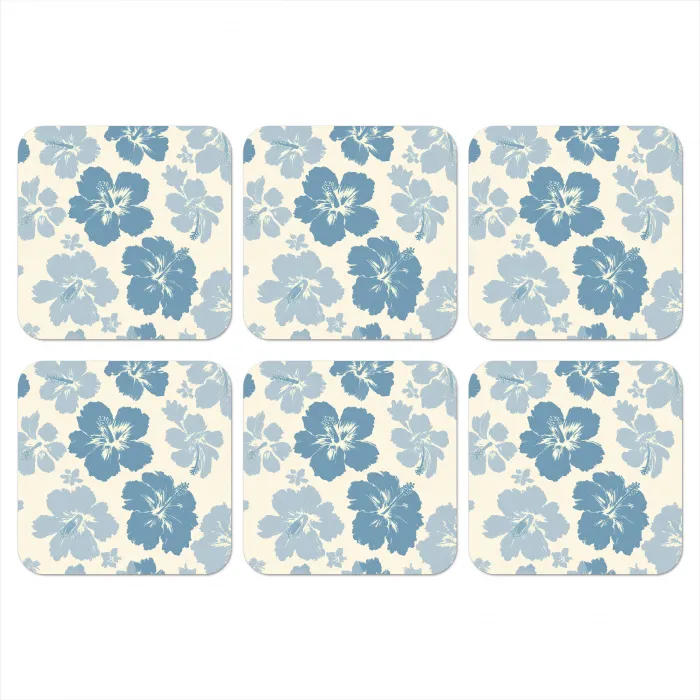 Hibiscusbloemen - Blauw - Patroon - Tropisch onderzetter kurk middel -3d