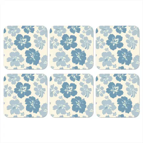 Hibiscusbloemen - Blauw - Patroon - Tropisch onderzetter kurk middel -3d
