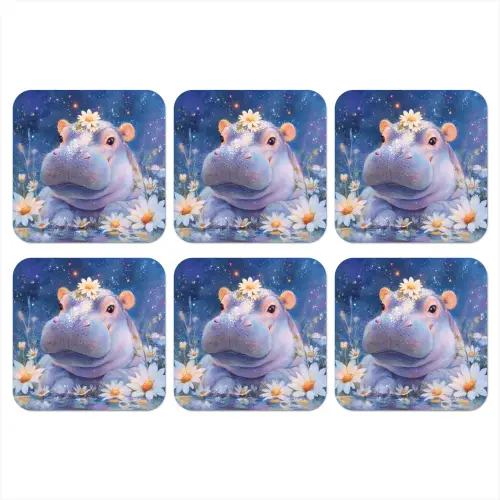 Nijlpaard - Madeliefjes - Sterrenhemel onderzetter kurk middel -3d