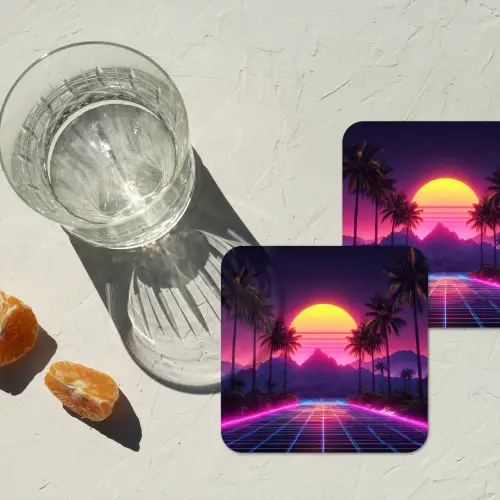 Horizon - Palmbomen - Bergen - Geel onderzetter kurk middel -sfeer4