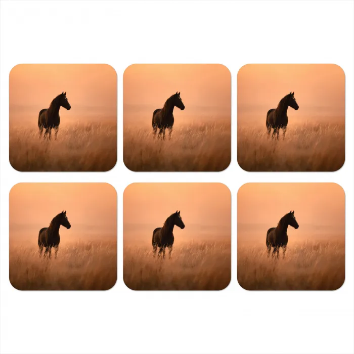 Paard - Grasveld - Zonsondergang onderzetter kurk middel -3d