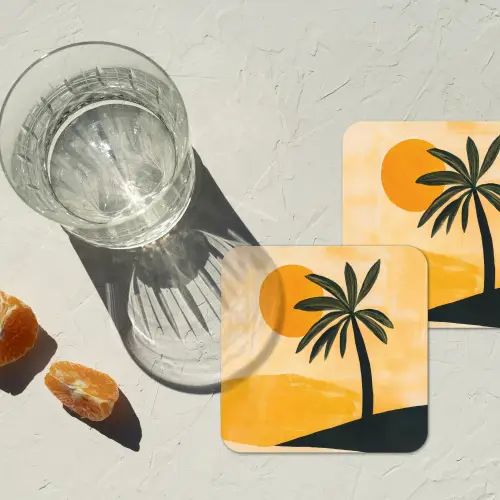 Illustratie - Palmboom - Zon - Heuvels onderzetter kurk middel -sfeer4