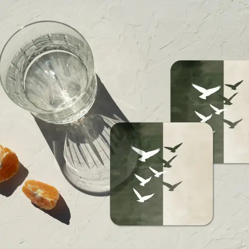 Japandi - Vogel - Groen onderzetter kurk middel -sfeer4