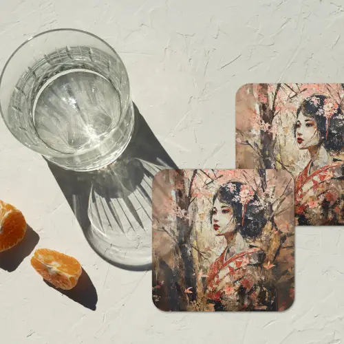 Kimono - Vrouw - kersenbomen onderzetter kurk middel -sfeer4