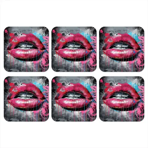 Lippen - Felroze - Graffiti - Verfstrepen onderzetter kurk middel -3d