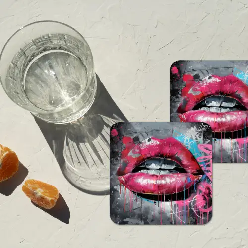 Lippen - Felroze - Graffiti - Verfstrepen onderzetter kurk middel -sfeer4