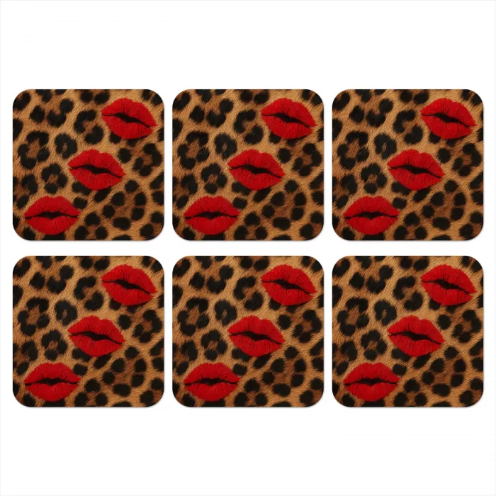 Lippen - Drie - Rood - Panterprint onderzetter kurk middel -3d