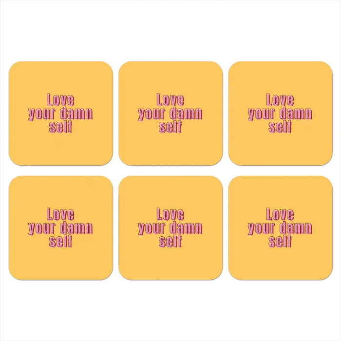 Love yourself - Roze - Geel onderzetter kurk middel -3d