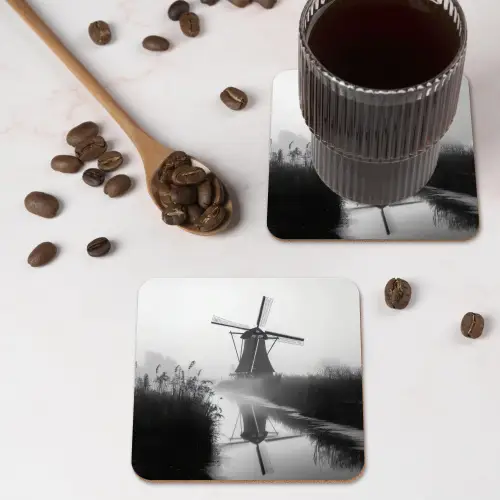 Molen - Weerspiegeling - Landschap - Water onderzetter kurk middel -sfeer2