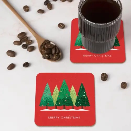 Minimalistisch - Kerstbomen - Rood - Sneeuw onderzetter kurk middel -sfeer2
