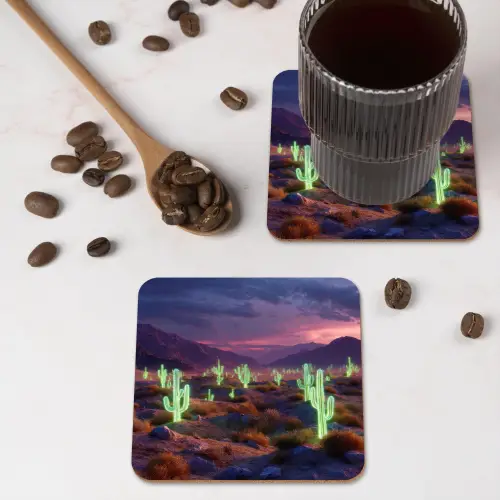 Neon cactussen - Woestijn - Zonsondergang onderzetter kurk middel -sfeer2