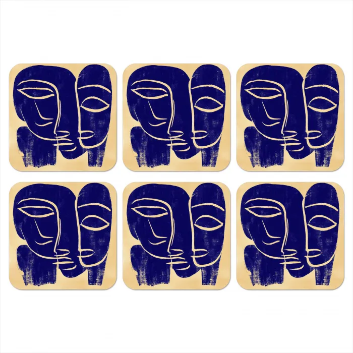 Okergeel - Blauw - Eenvoudige lijnen onderzetter kurk middel -3d
