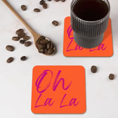 Oh la la - Oranje - Roze - Grafisch onderzetter kurk middel -sfeer2