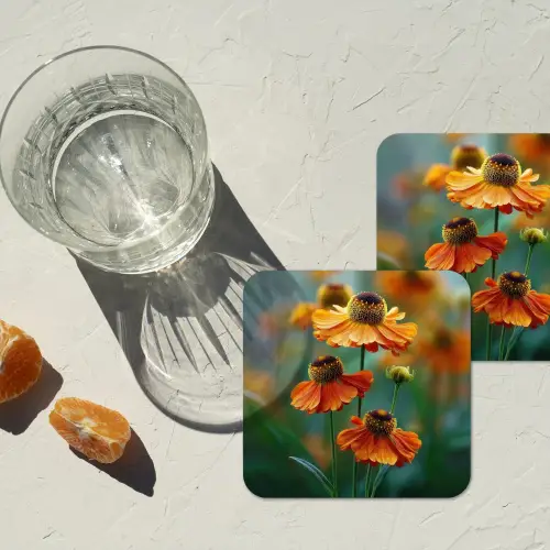 Oranje bloemen - Levendig - Wazige achtergrond onderzetter kurk middel -sfeer4