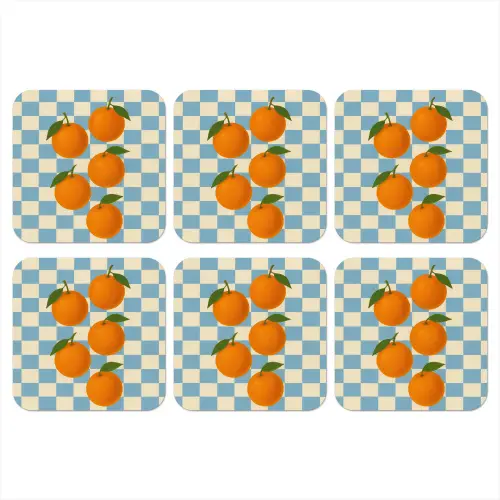 Sinaasappels - Blaadjes - Geblokt - Blauw onderzetter kurk middel -3d
