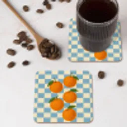 Sinaasappels - Blaadjes - Geblokt - Blauw onderzetter kurk middel -sfeer2