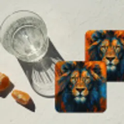 Schilderij - Leeuwenkop - Oranje onderzetter kurk middel -sfeer4