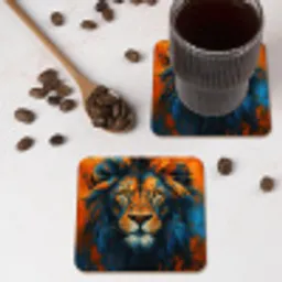 Schilderij - Leeuwenkop - Oranje onderzetter kurk middel -sfeer2