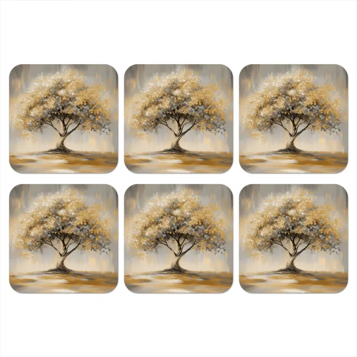 Schilderij - Boom - Abstract - Bladeren onderzetter kurk middel -3d