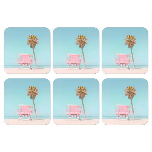 Palmboom - Strandhuis - Roze onderzetter kurk middel -3d
