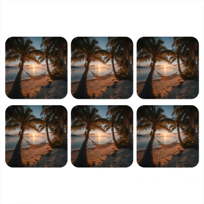 Palmbomen - Hangmat - Strand - Zonsondergang onderzetter kurk middel -3d