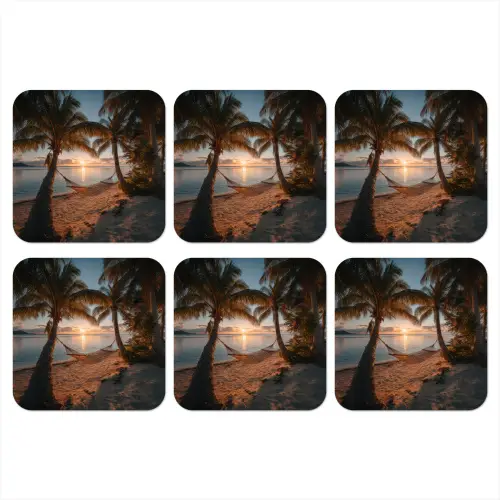 Palmbomen - Hangmat - Strand - Zonsondergang onderzetter kurk middel -3d
